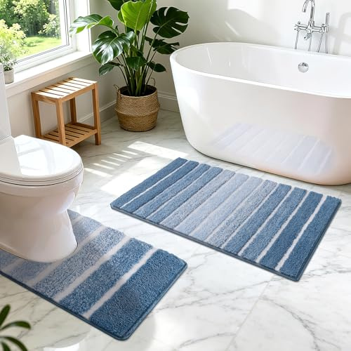 SHACOS Badezimmerteppich Set 2 Teilig Badteppich rutschfest Badematte Blau Weiche Badezimmer Teppiche Wasserabsorbierend Duschmatte Waschbar Badvorleger Set, 45x65+50x60cm