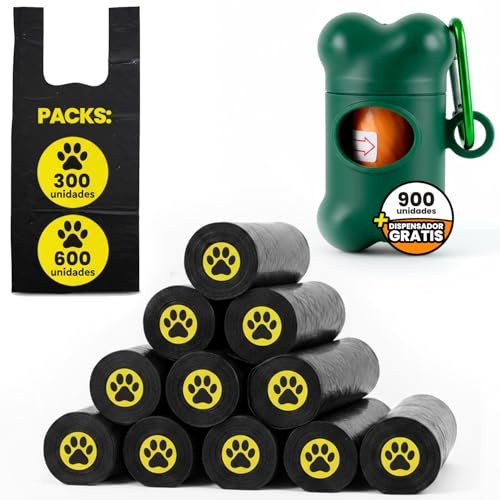 MUNDO HOME Bolsas Caca Perro Resistentes con Asas - Bolsas Excrementos Perro Higiénicas y Fáciles de Usar - con Asa Negras 23x37cm Desechables Sin Olores (Negro, 900Pcs + Dispensador)