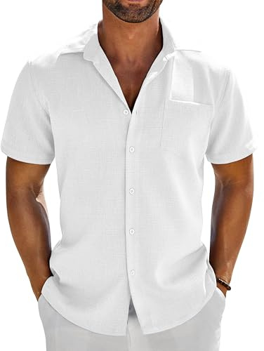 COOFANDY Chemise Manches Courtes Homme Été Décontractée Vacances sans Repassage Extensible Légère Boutonnée avec Poche Blanc XL