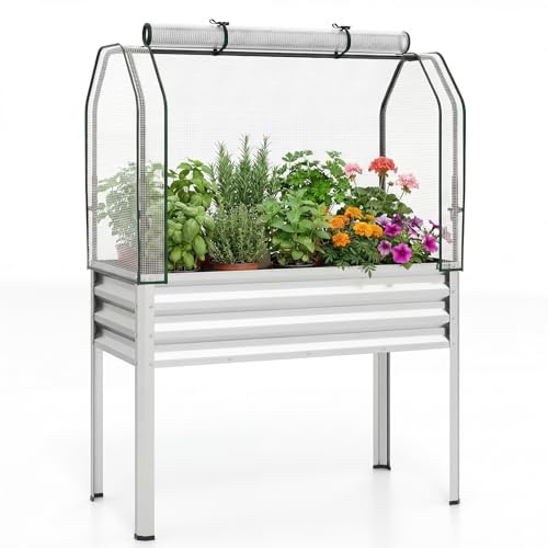 COSTWAY Orto Rialzato da Esterno con Serra, Fioriera Rialzata con Copertura in PE, Porta Avvolgibile con Cerniera e Guanti, Aiuola Rialzata per Verdure, Fiori e Frutta, 112 x 55 x 152 cm (Argento)