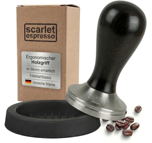 'Scarlet Espresso Classic Tamper avec Marron/noir en acier inoxydable Manche en bois pour passoire de machines, Set Ebenholz - Schwarz + Tamper Ablage, 41 MM
