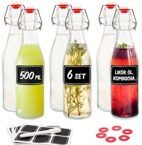 Praknu 6er Set Glasflaschen 500ml mit Bügelverschluss - Bügelflaschen Zum Befüllen - inkl 6 Extra Dichtungen & 12 Etiketten mit Stift - Glasflaschen für Öl, Essig, Saft & Limonade