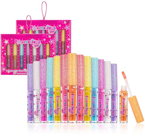 Expressions girl 14pc Fruity Flavored Lip Gloss Set - Lip Gloss in Assorted Fruity Flavors, Non Toxic Makeup for Kids & Teens