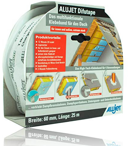 ALUJET - HochleistungsklebebandDifutape 60 mm x 25 Meter für Dampfbremsbahnen, Dampfsperrbahnen, Unterspannbahnen und Unterdeckbahnen - Dampfsperre Klebeband für Überlappungen und Anschlüsse