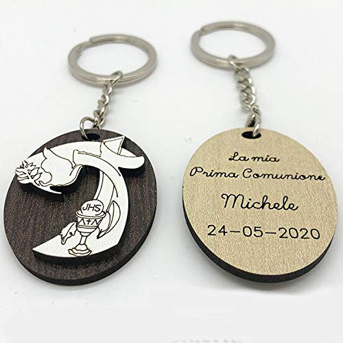Ingrosso und Sparmium 20 Schlüsselanhänger aus Holz in Form eines Kreuzes mit Kelch und Ostern, personalisierbar, originelle Gastgeschenke zur Erstkommunion (mit Personalisierung - mit pinker