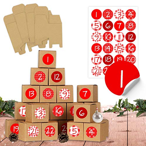 Papierdrachen Calendrier de l'avent à remplir - 24 boîtes pour bricolage - rouge - 24 boîtes brunes naturelles en carton 400g/m² à monter et à décorer - 24 boîtes - Noël