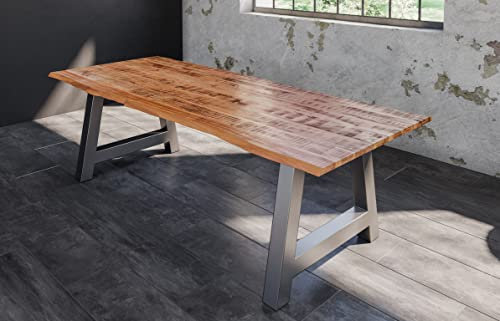 SAM Esstisch Dora 200 x 100 cm, Mangoholz massiv, lackiert & naturfarben, Baumkantentisch mit A-Metallgestell in Silber, echte Baumkante, 26 mm