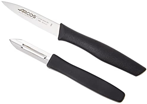 Arcos | Set Cuchillos Mondador + Pelapatatas | Cuchillos 2 Piezas | Cuchillos pelar Patatas | Acero Inoxidable Nitrum | Hoja de 85 mm y 60 mm | Envase Ecológico | Color Negro (810100)