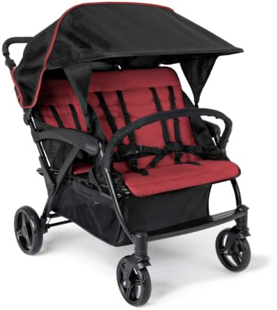 Gaggle By Foundations Odyssey 4-Sitzer-Vierlingskinderwagen, 4-Sitzer-Kinderwagen für die Kindertagesstätte, 4-Sitzer-Kinderwagen mit Verdeck und Sitzbänken, 5-Punkt-Gurt, Fußbremse, Rot/Schwarz