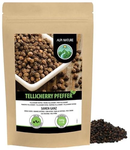 Alpi Nature Poivre en Grain Noir de Tellicherry 500g, Poivre Noir en Grain Entier Tellicherry