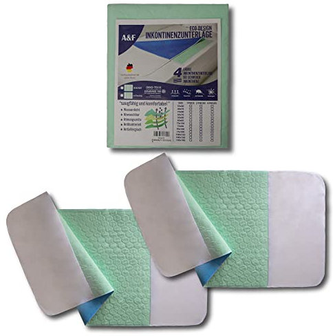 A&F Inkontinenzauflage - 4 Schichten - Bis 26280ml/m² Saugkraft -Krankenunterlage waschbar - Inkontinenzunterlage waschbar (2er mit Flügel, 75 x 90)