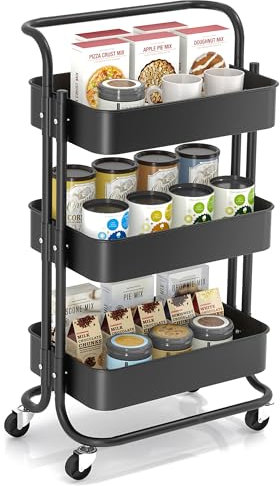 Hoomtaook Servierwagen Küchenwagen Mit Rollen,Metall Rollwagen Mit 3 Schubladen Küche,Bastelwagen Mit Griff für Kinder,Schwarz