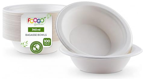 FOOGO Green 100 Cuencos Caña de Azúcar 340ml 15cm Profundos Desechables | Biodegradables, Compostables, Para sopa, postres y ensalada, Profundos y resistentes al calor, Como cuencos de papel
