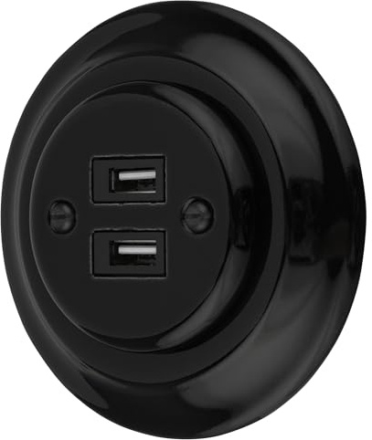 Unterputz Porzellan Retro USB Steckdose 2-fach, All-in-One, Serie PR1 schwarz
