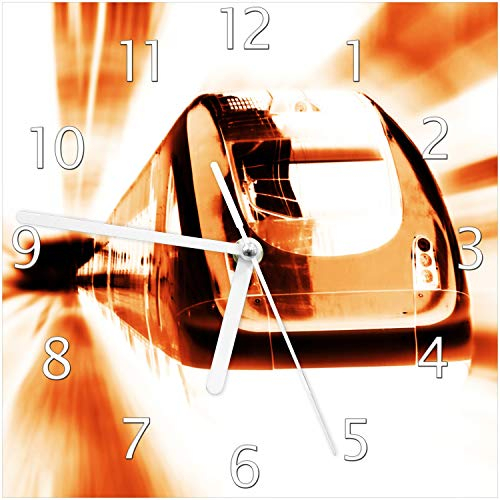 Wallario Design-Wanduhr Fahrender Zug von vorn Design - Perspektive von vorn aus Glas, Motiv-Uhr Größe 20 x 20 cm, weiße Zeiger