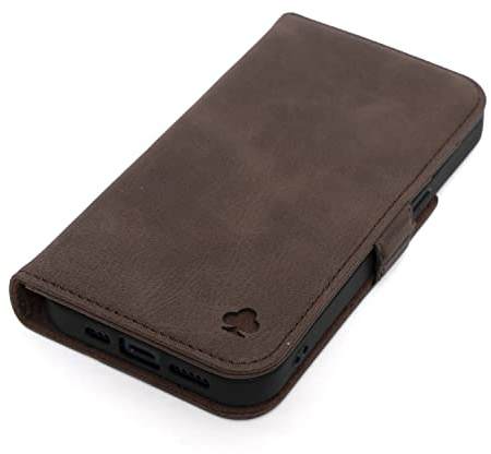 Porter Riley - Lederhülle kompatibel mit iPhone 15 Pro Max. Premium Echtleder Standhülle/Ledertasche/Brieftasche mit Karten Steckfächern und Horizontale Standfunktion (Schokoladenbraun)