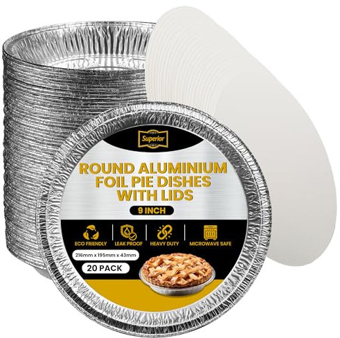 Superior Foil Pie Dishes 9 inch Round – Pack of 20 Foil Pie Cases with Lids – Durable Oven Freezer Safe Disposable Aluminum Foil Flan Dishes for Baking Storage Takeaway