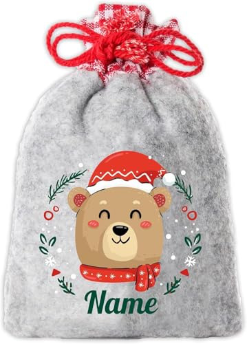 Süßes Nikolaussäckchen/Weihnachtssäckchen personalisiert mit Wunsch-Namen und Weihnachts-Bären-Motiv für Kinder. Größe 12 x 20 cm