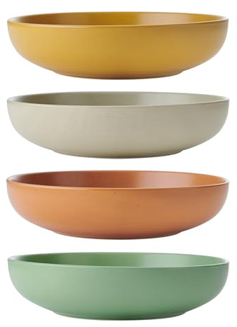 KitchenCraft Idilica Stoneware Pasta Bowls, lot de 4 bols en céramique peu profonds, résistants au micro-ondes et au lave-vaisselle, couleurs assorties