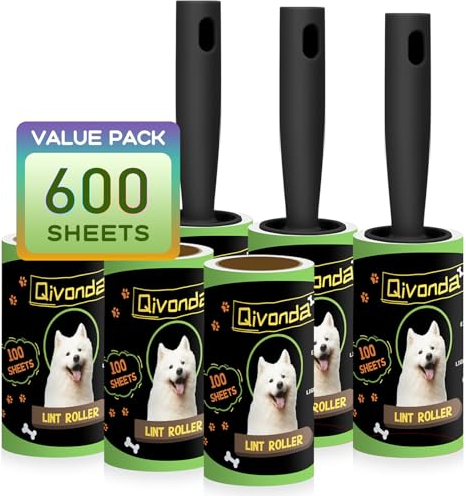 Qivonda Fusselrollen für Tierhaare Extra klebrig, Fusselrollen 600 Blatt Mega Value Set, Tierhaarentferner mit 3 verbesserten Griffen, Tragbarer Fusselentferner für Kleidung, Möbel & Tierhaare (6