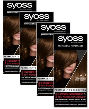 Syoss Color Coloration 4_8 Schokobraun Stufe 3 (4 x 115 ml), permanente Haarfarbe für bis zu 10 Wochen Farbintensität und 70% weniger Haarbruch*