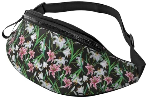Sac banane à bandoulière pour homme et femme - Motif fleurs de lys noir et rose