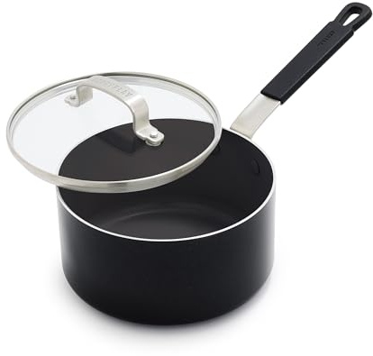 GreenPan x Bobby Flay 2.5QT Nonstick Saucepan with Glass Lid, PFAS-Free Diamond Ceramic, Induction Suitable, Stay-Cool Silicone Handle, Easy Clean Dishwasher & Oven Safe, Chef Pan, Black