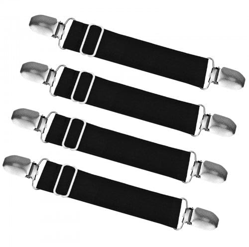 Ehuihuan Bettlakenspanner Verstellbar 24-80 cm, 4 Stück Schwarz, Bettlaken Spanngurte für Doppelbett, Bettlakenspanner mit Hosenträgerclips, Geeignet für Schlafzimmer, Sofa, Hotelbett