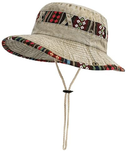 HIQIU Sonnenhut Herren Sonnenhüte Ethno-Stil Sommer Sonnenschutz Outdoor Wanderhut Faltbar Fischerhut Anglerhut Safari Hut Boonie Hat (DE/NL/SE/PL, Alphanumerisch, Einheitsgröße, M, Khaki)