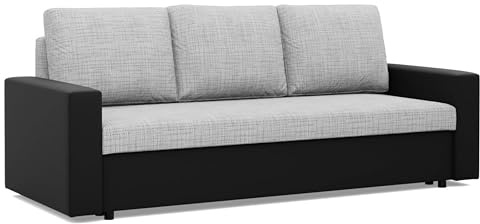 Mebligo - Sofa Dreisitzer Wohnzimmer mit Schlaffunktion, Bettkasten und Kunsteleder 220x92x92 (BxHxT) Grau und Schwarz Luna, Schlafsofa Platzsparend, Schlafcouch, Sofabett, Sofa Bed, Bettsofa