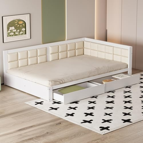 Ctastay Schlafsofa Holzbett 140x200 cm, Bett Doppelbett Sofabett mit Stauraum Schublade, Familienbett Gastbett mit Lattenrost, Weiß (Ohne Matratze)