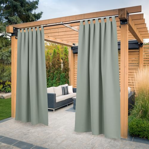 PONY DANCE Outdoor Vorhang Wetterfest Sonnenschutz Gardinen Klettschlaufen | 2er Set H243xB132cm, Salbeigrün, Hitzeschutz, Wasserdicht, UV-Schutz, Outdoorvorhang für Terrasse Pavillon Balkon Pergola