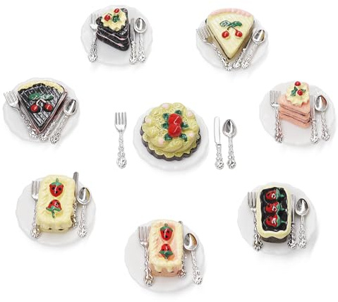 Odoria Casa de Muñecas Tarta Cumpleaños: 40Pzs Escala 1/12 Miniatura Postre con Plato Vajilla Cubiertos Panadería para Cocina Picnic Fiesta - Mini Pastel Hojaldre Horneado Comida Realista Resina