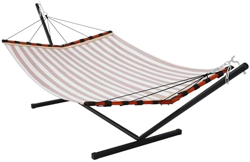 TegerDeger 12FT 2 Person Hammock with Stand Included 55 x 79IN Large Hammock Quick Dry 450LB Capacity with V Shaped Hardwood Spreader Bar & Nylon Rope for Outside, Patio, Garden - Tender Beige Stripes