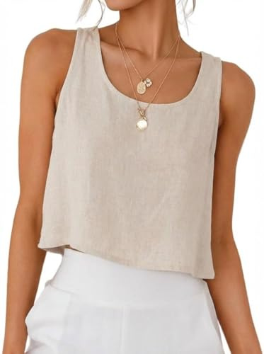 IDEALSANXUN Linen Tops for Women 2026 Spring Summer Beach Vacation Outfits Cute Cropped Sleeveless Shirts Blouses Vest Tank Top, Beige, L