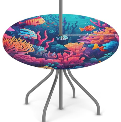 Woltant Nappe ronde avec trou de parasol et fermeture éclair facile à nettoyer avec bords élastiques - Protection de table d'extérieur pour jardin, terrasse, barbecue (poisson corail sous-marin)