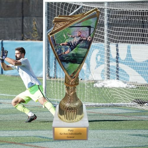 EBERiX POKALE – Fußball Tormann Pokal, 18.5cm, Trophäe mit Wunschgravur, Award 2D-Motiv auf Marmorsockel – Gold/Weiß personalisierbar