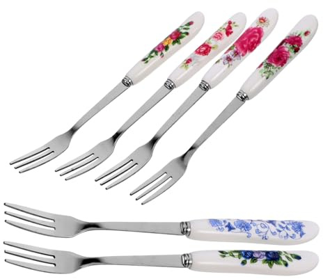 LIGIGWASH 6pcs Stainless Steel and Ceramic Handle Dessert Forks, Multi-Function Cake Forks for Fruit, Pudding and Pastries, Easy to Clean, Sleek Dining Cutlery for Home Parties