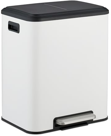 Relaxdays Poubelle de Cuisine, 2 seaux ayant chacun Une capacité de 15 litres, pédale, Couvercle, Blanche