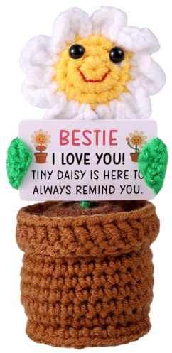 TOYMIS Positive Daisy Crochet, Cute Emotional Knitted Handmade Flower with Encouraging Card Funny Knitted Crochet Plants Flowers Ideal Desktop Decor for Family Friends Gifts