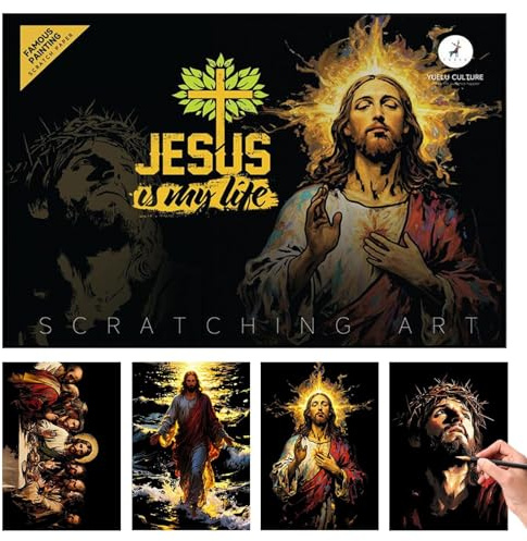 Manolyee Kratzbilder Für Kinder - Kratzkunst Set Mit Jesus Motiven | Kreatives Bastelset Kratzkunst Ab 3 Jahren Jugendliche Erwachsene Geburtstagsgeschenk Freunde