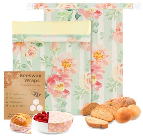 Nobineck 2 Pack Beeswax Bread Bags for Homemade Bread, Includes 2 Wraps, Reusable Organic Cotton Storage for Sourdough & Baguettes, Keep Fresh, Easy to Clean, Ideal for Bakers, Kitchen, Travel
