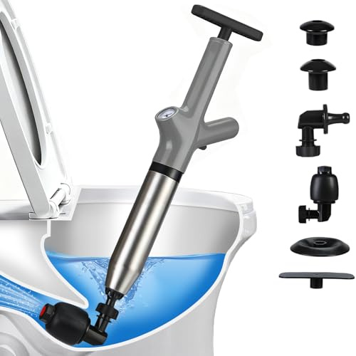 FURNSII Desatascador WC de Alta Presión, Potente Desatascador Tuberias a Presion con Manómetro y 4 Boquillas, Bomba Desatascadora de Aire Comprimido para Inodoro, Desagüe, Lavabo (GRIS)