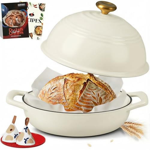 Overmont Enameled Cast Iron Bread Oven - 6QT Bread Dutch Oven for Sourdough Baking - Bread Pot with Dome Lid Cotton Potholders & Cookbook - Multi-Functional Bread Pan For Baking Frying Roasting