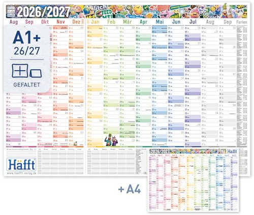 Häfft® XXL Wandkalender Schuljahr 2026 2027 A1 + (89 x 63 cm) groß, gefaltet/gefalzt, Jahresplaner, Schuljahreskalender, Schuljahresplaner Wand Brot & Schwein