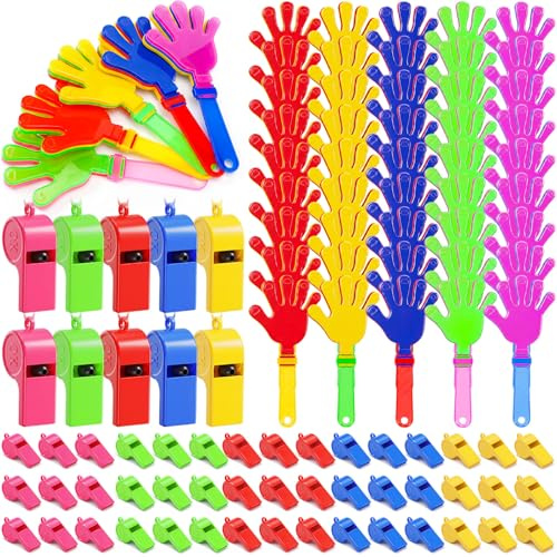Junkin 96 battenti e fischietti a mano, 48 battenti in plastica da 19,1 cm e 48 fischietti colorati per feste per eventi sportivi, feste, feste di compleanno, applausi