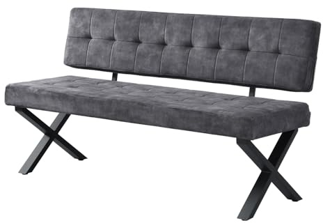 B&D home Sitzbank Karen 160cm – gepolsterte Esszimmerbank mit Rückenlehne, X-Metallgestell schwarz, Webstoff/Microfaser in Anthrazit, modern Industrial Design für Esszimmer, Küche & Flur