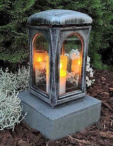 Grablampe mit Sockel Classico Premium Massiv Silber Rustikal Grabschmuck Grablaterne Grabkerze Grablicht Grableuchte Lampe Laterne Licht Kerze Trauer Friedhof Garten