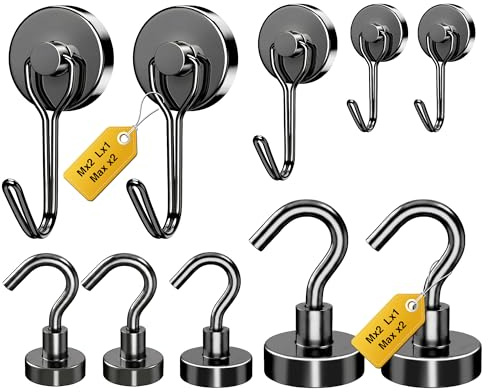 Tiergrade Mixed Sizes Magnetic Hooks, 2026 Cruise Cabin Ship Essentials Heavy Duty Strong Magnets Fridge Hanging for Classroom Kitchen Garage Grills Home, 10 Pack Black (Medium 4 + Large 2 + Max 4)