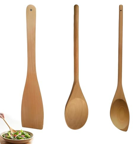 3Pcs Wooden Spoons for Cooking, Long Handle Wooden Utensil Set with Wooden Spoon, Wooden Spatula, Durable Wood Construction for Stirring Hot Soups and Mixing Ingredients, Stir Frying